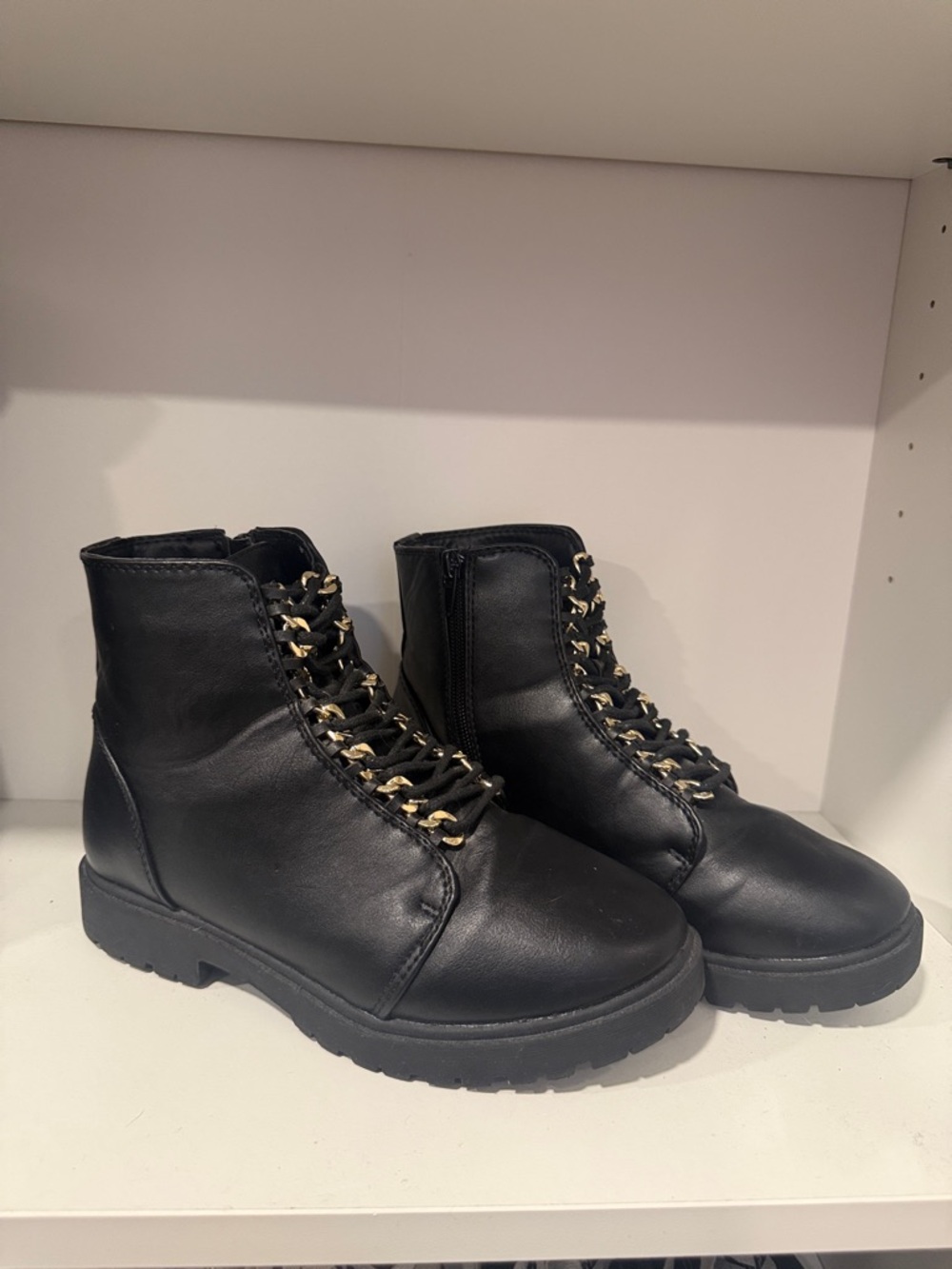 Women's Black Combat Boots with Gold-Tone Eyelet Detail